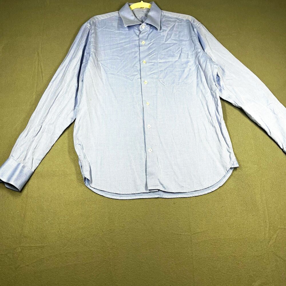 Louis Philippe Mens Blue/White Herringbone Dress Shirt Point Collar 40 34/35